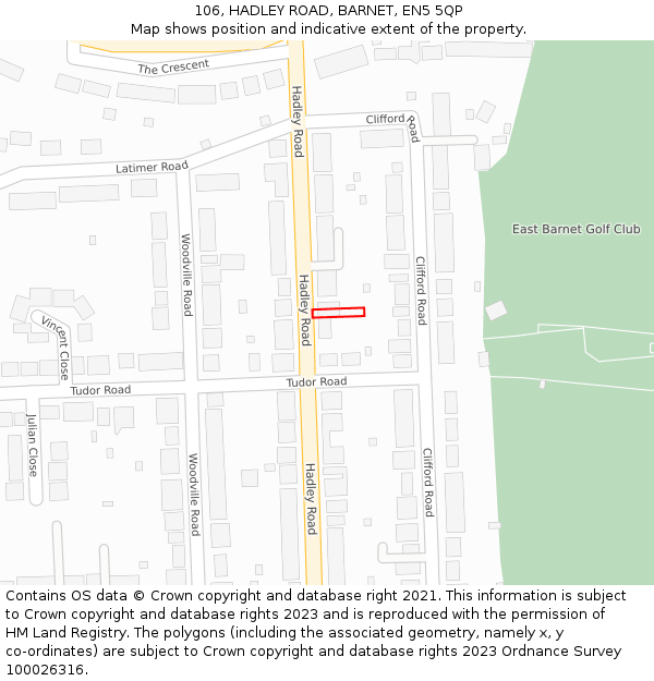 106, HADLEY ROAD, BARNET, EN5 5QP: Location map and indicative extent of plot