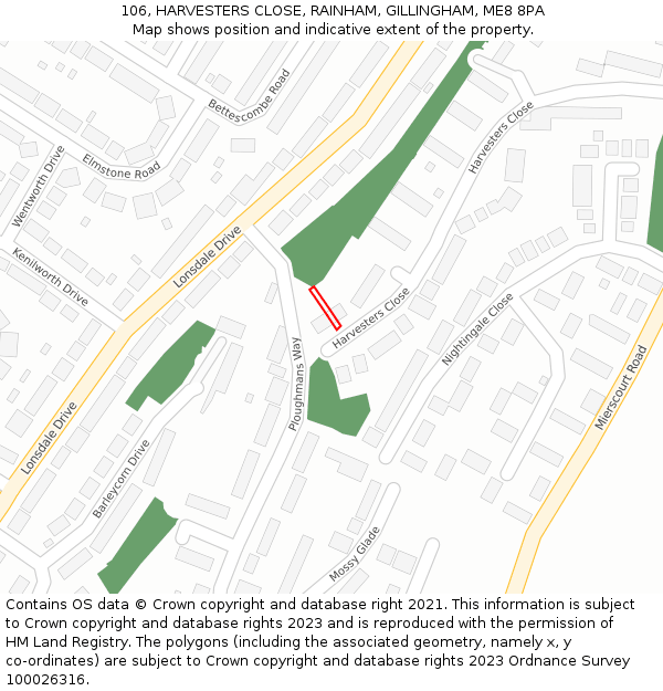 106, HARVESTERS CLOSE, RAINHAM, GILLINGHAM, ME8 8PA: Location map and indicative extent of plot