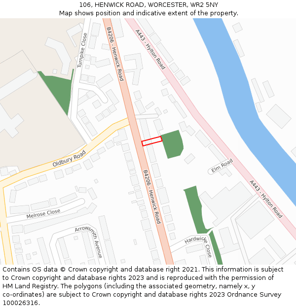 106, HENWICK ROAD, WORCESTER, WR2 5NY: Location map and indicative extent of plot