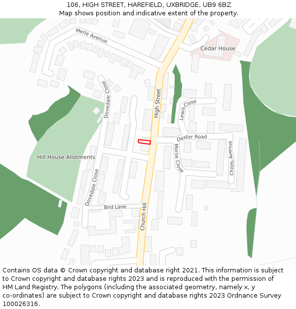 106, HIGH STREET, HAREFIELD, UXBRIDGE, UB9 6BZ: Location map and indicative extent of plot