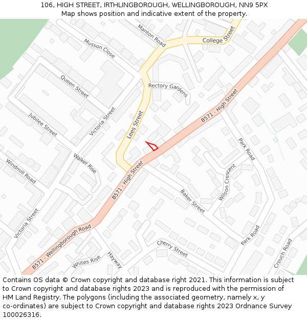 106, HIGH STREET, IRTHLINGBOROUGH, WELLINGBOROUGH, NN9 5PX: Location map and indicative extent of plot