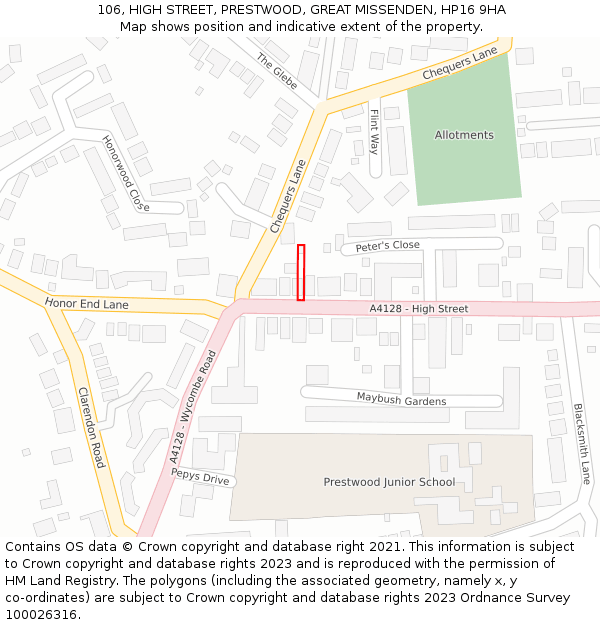 106, HIGH STREET, PRESTWOOD, GREAT MISSENDEN, HP16 9HA: Location map and indicative extent of plot