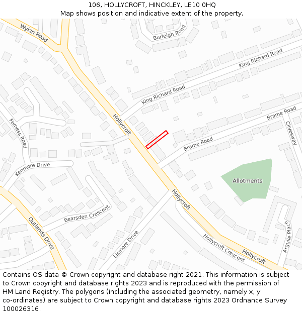 106, HOLLYCROFT, HINCKLEY, LE10 0HQ: Location map and indicative extent of plot