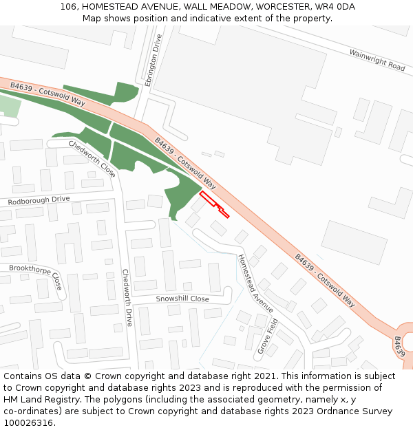 106, HOMESTEAD AVENUE, WALL MEADOW, WORCESTER, WR4 0DA: Location map and indicative extent of plot