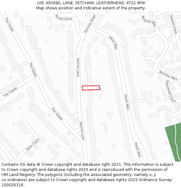 106, KENNEL LANE, FETCHAM, LEATHERHEAD, KT22 9PW: Location map and indicative extent of plot