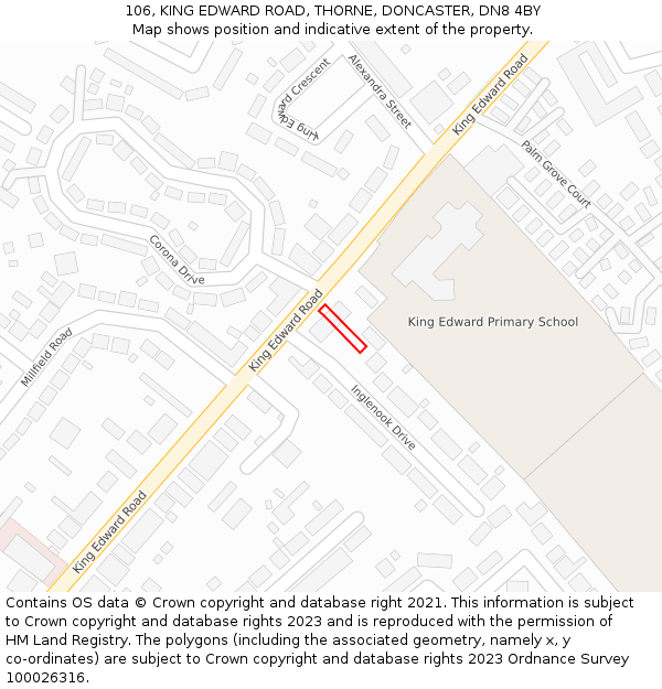 106, KING EDWARD ROAD, THORNE, DONCASTER, DN8 4BY: Location map and indicative extent of plot