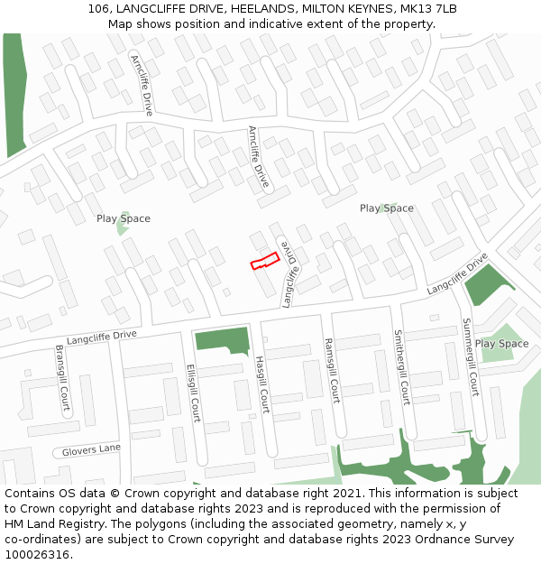 106, LANGCLIFFE DRIVE, HEELANDS, MILTON KEYNES, MK13 7LB: Location map and indicative extent of plot