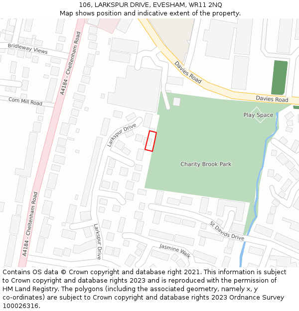 106, LARKSPUR DRIVE, EVESHAM, WR11 2NQ: Location map and indicative extent of plot