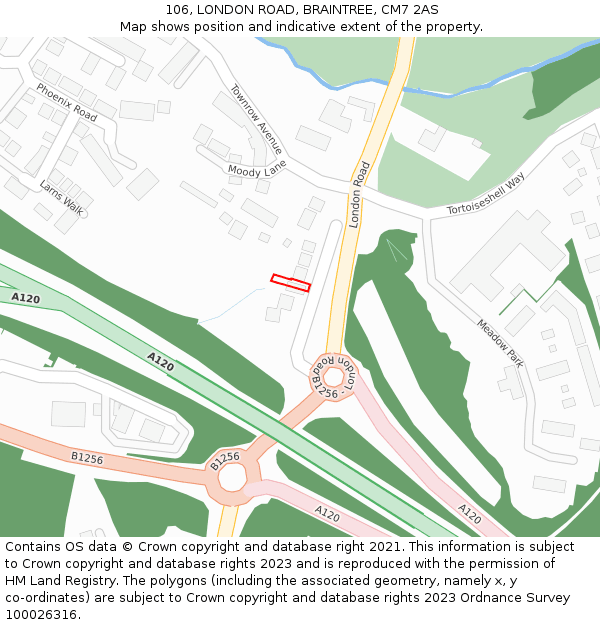 106, LONDON ROAD, BRAINTREE, CM7 2AS: Location map and indicative extent of plot