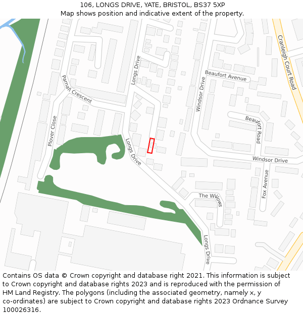 106, LONGS DRIVE, YATE, BRISTOL, BS37 5XP: Location map and indicative extent of plot