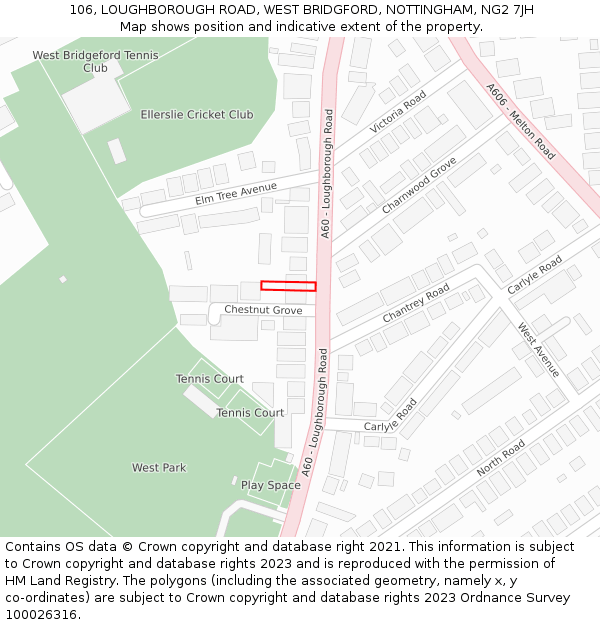 106, LOUGHBOROUGH ROAD, WEST BRIDGFORD, NOTTINGHAM, NG2 7JH: Location map and indicative extent of plot