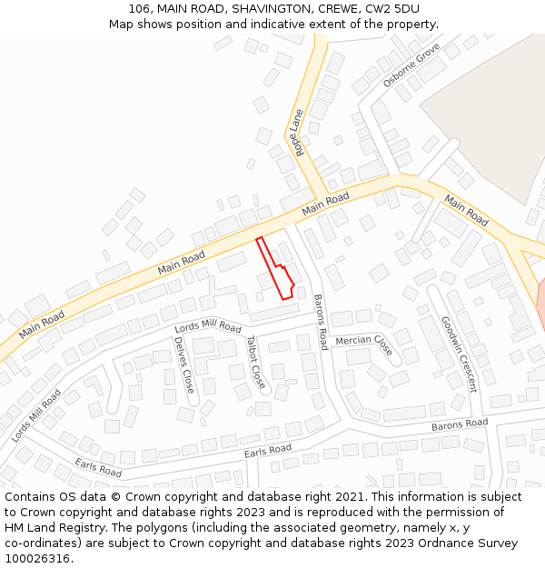 106, MAIN ROAD, SHAVINGTON, CREWE, CW2 5DU: Location map and indicative extent of plot