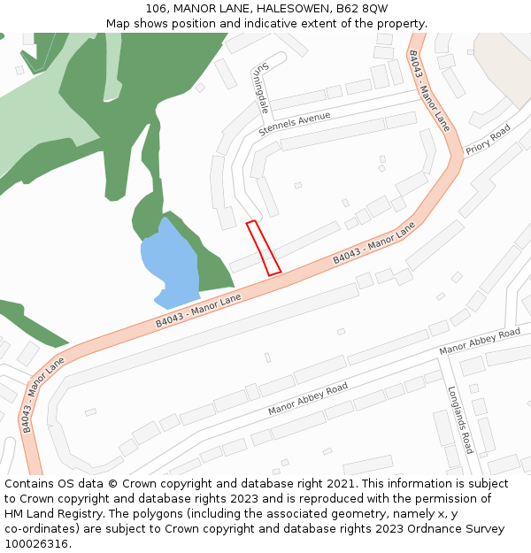 106, MANOR LANE, HALESOWEN, B62 8QW: Location map and indicative extent of plot