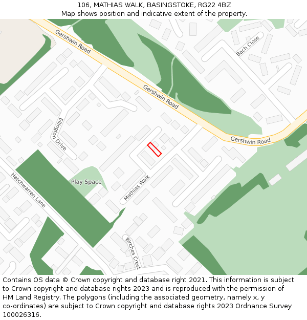 106, MATHIAS WALK, BASINGSTOKE, RG22 4BZ: Location map and indicative extent of plot