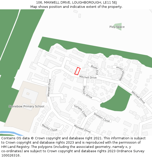 106, MAXWELL DRIVE, LOUGHBOROUGH, LE11 5EJ: Location map and indicative extent of plot