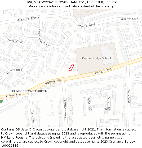 106, MEADOWSWEET ROAD, HAMILTON, LEICESTER, LE5 1TP: Location map and indicative extent of plot