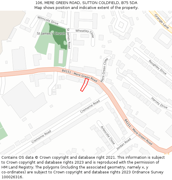 106, MERE GREEN ROAD, SUTTON COLDFIELD, B75 5DA: Location map and indicative extent of plot