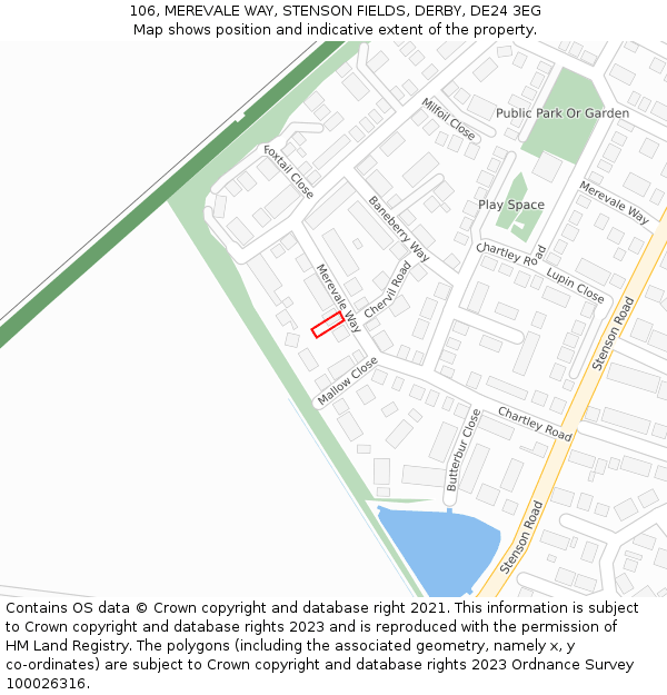 106, MEREVALE WAY, STENSON FIELDS, DERBY, DE24 3EG: Location map and indicative extent of plot