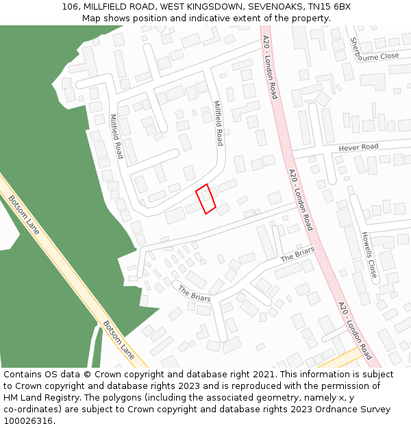 106, MILLFIELD ROAD, WEST KINGSDOWN, SEVENOAKS, TN15 6BX: Location map and indicative extent of plot