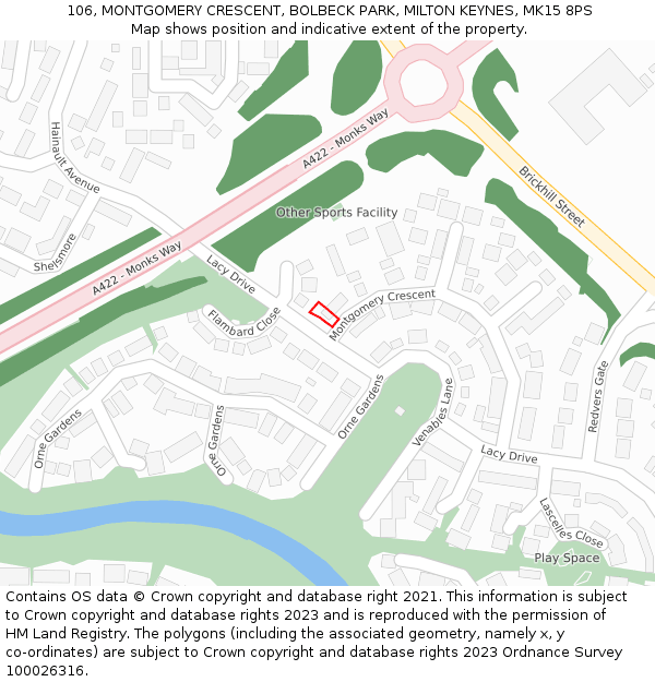 106, MONTGOMERY CRESCENT, BOLBECK PARK, MILTON KEYNES, MK15 8PS: Location map and indicative extent of plot