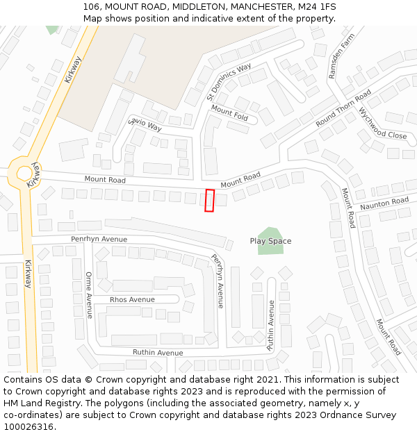 106, MOUNT ROAD, MIDDLETON, MANCHESTER, M24 1FS: Location map and indicative extent of plot