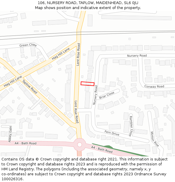 106, NURSERY ROAD, TAPLOW, MAIDENHEAD, SL6 0JU: Location map and indicative extent of plot