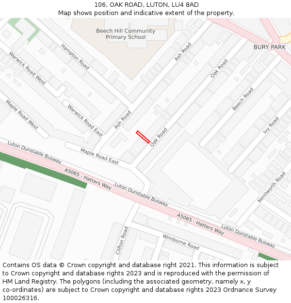 106, OAK ROAD, LUTON, LU4 8AD: Location map and indicative extent of plot