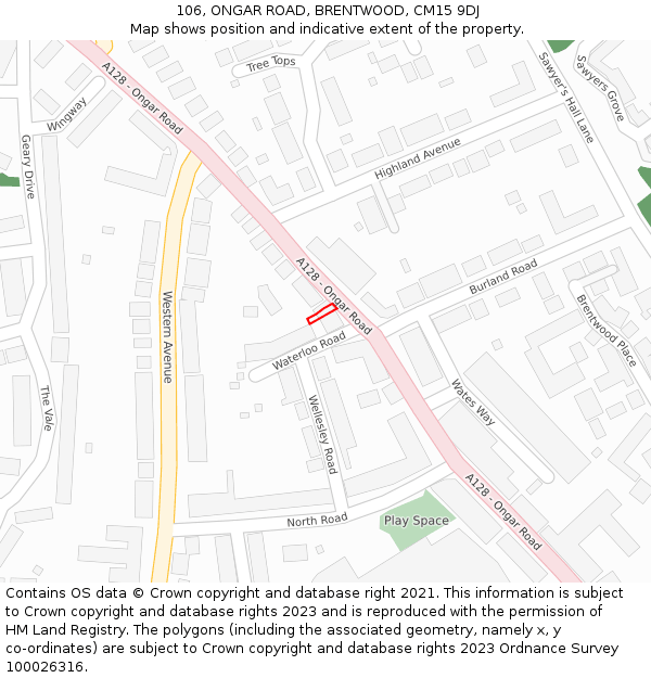 106, ONGAR ROAD, BRENTWOOD, CM15 9DJ: Location map and indicative extent of plot