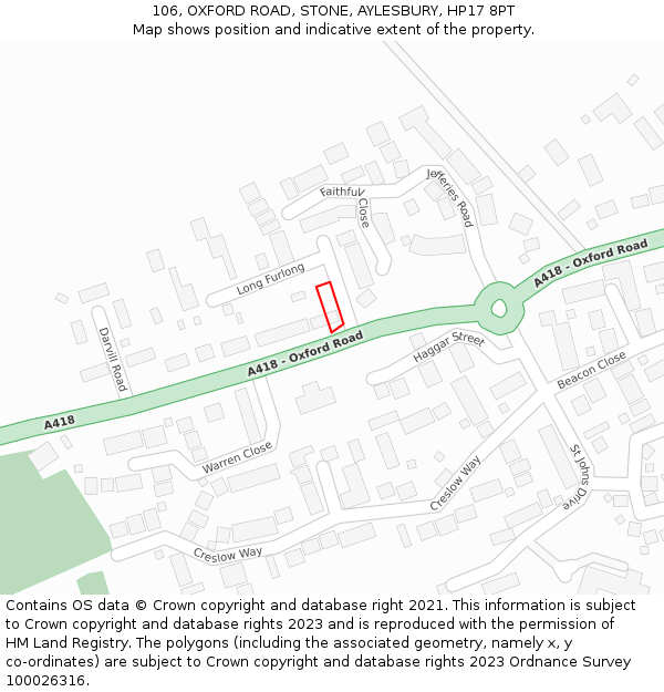 106, OXFORD ROAD, STONE, AYLESBURY, HP17 8PT: Location map and indicative extent of plot