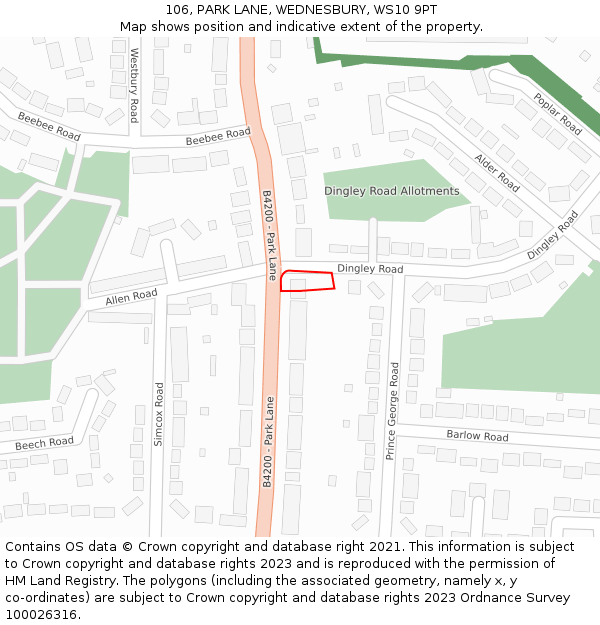 106, PARK LANE, WEDNESBURY, WS10 9PT: Location map and indicative extent of plot