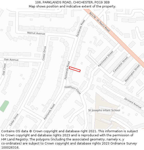 106, PARKLANDS ROAD, CHICHESTER, PO19 3EB: Location map and indicative extent of plot