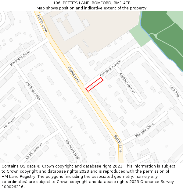 106, PETTITS LANE, ROMFORD, RM1 4ER: Location map and indicative extent of plot