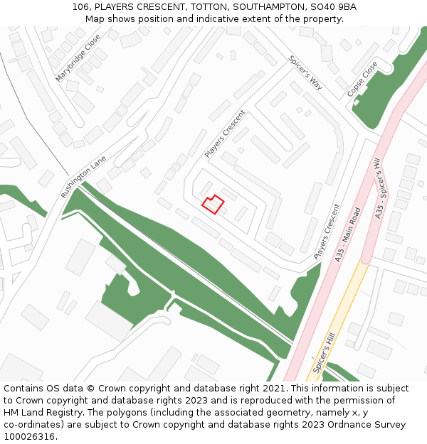 106, PLAYERS CRESCENT, TOTTON, SOUTHAMPTON, SO40 9BA: Location map and indicative extent of plot