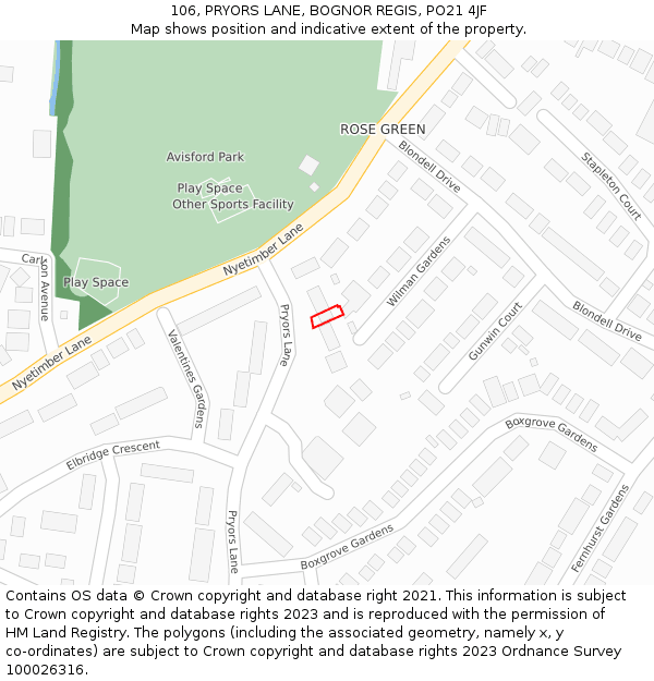 106, PRYORS LANE, BOGNOR REGIS, PO21 4JF: Location map and indicative extent of plot