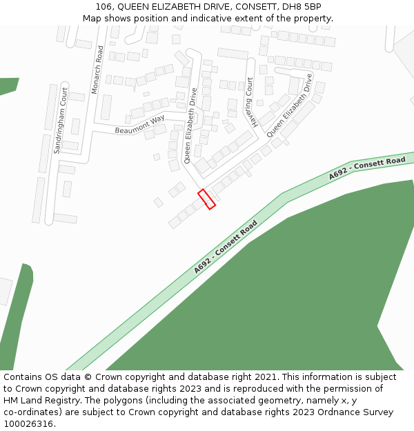 106, QUEEN ELIZABETH DRIVE, CONSETT, DH8 5BP: Location map and indicative extent of plot