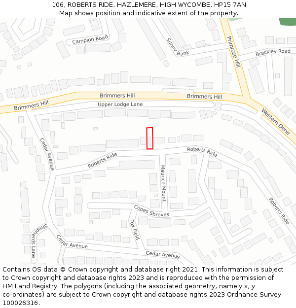 106, ROBERTS RIDE, HAZLEMERE, HIGH WYCOMBE, HP15 7AN: Location map and indicative extent of plot