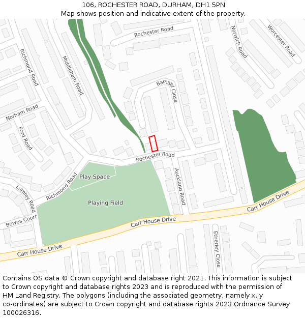 106, ROCHESTER ROAD, DURHAM, DH1 5PN: Location map and indicative extent of plot