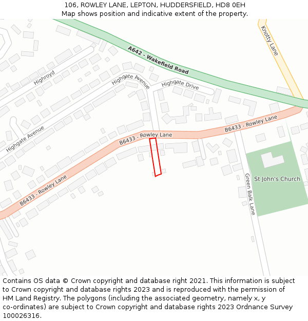 106, ROWLEY LANE, LEPTON, HUDDERSFIELD, HD8 0EH: Location map and indicative extent of plot