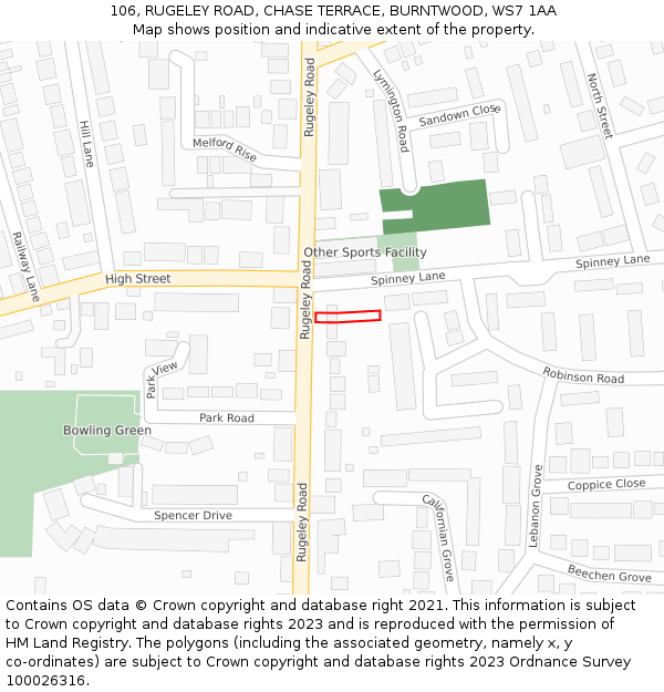 106, RUGELEY ROAD, CHASE TERRACE, BURNTWOOD, WS7 1AA: Location map and indicative extent of plot