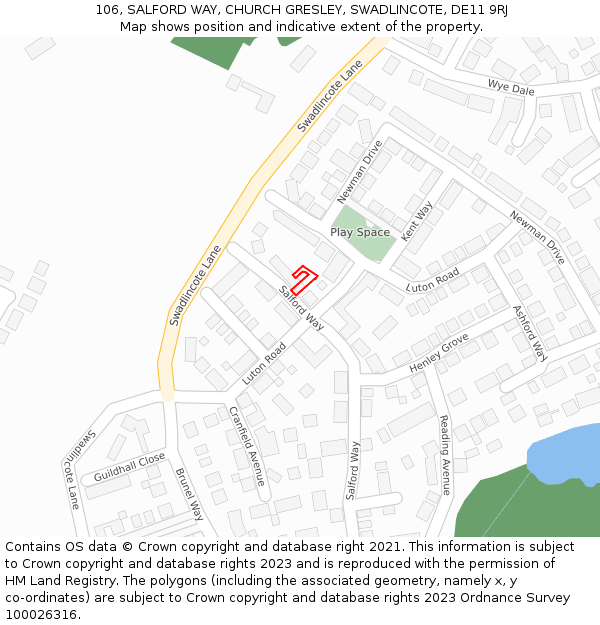 106, SALFORD WAY, CHURCH GRESLEY, SWADLINCOTE, DE11 9RJ: Location map and indicative extent of plot