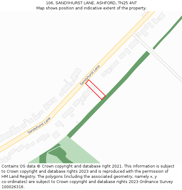 106, SANDYHURST LANE, ASHFORD, TN25 4NT: Location map and indicative extent of plot