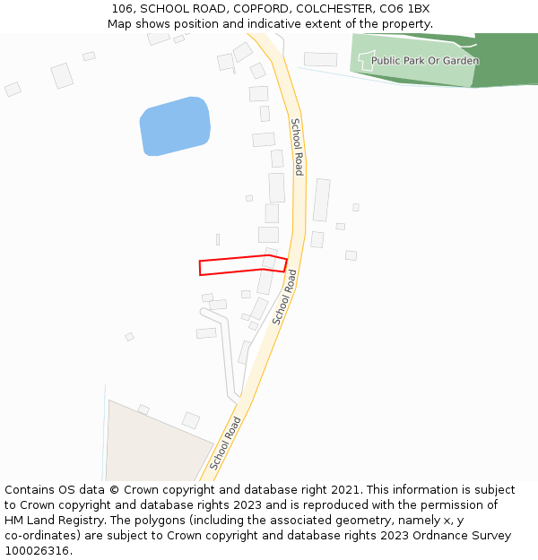 106, SCHOOL ROAD, COPFORD, COLCHESTER, CO6 1BX: Location map and indicative extent of plot