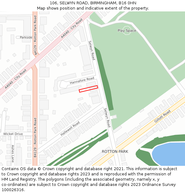 106, SELWYN ROAD, BIRMINGHAM, B16 0HN: Location map and indicative extent of plot