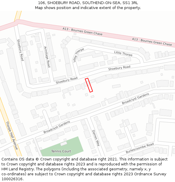 106, SHOEBURY ROAD, SOUTHEND-ON-SEA, SS1 3RL: Location map and indicative extent of plot