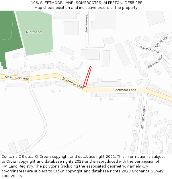 106, SLEETMOOR LANE, SOMERCOTES, ALFRETON, DE55 1RF: Location map and indicative extent of plot