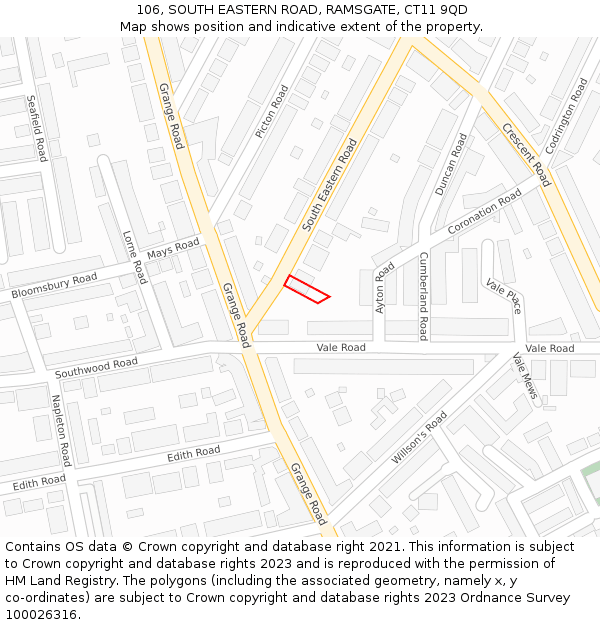 106, SOUTH EASTERN ROAD, RAMSGATE, CT11 9QD: Location map and indicative extent of plot