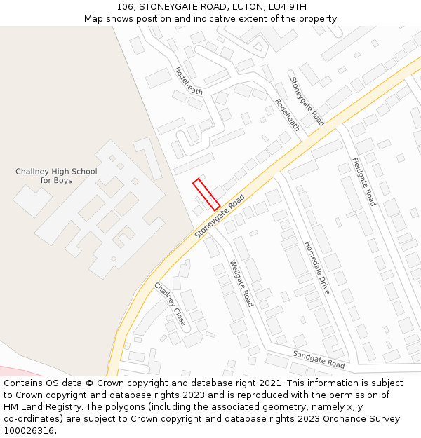 106, STONEYGATE ROAD, LUTON, LU4 9TH: Location map and indicative extent of plot