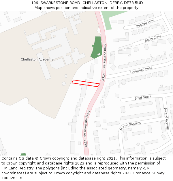 106, SWARKESTONE ROAD, CHELLASTON, DERBY, DE73 5UD: Location map and indicative extent of plot