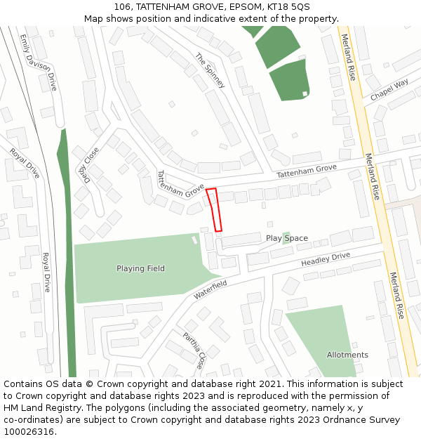 106, TATTENHAM GROVE, EPSOM, KT18 5QS: Location map and indicative extent of plot
