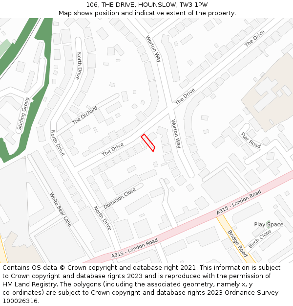 106, THE DRIVE, HOUNSLOW, TW3 1PW: Location map and indicative extent of plot
